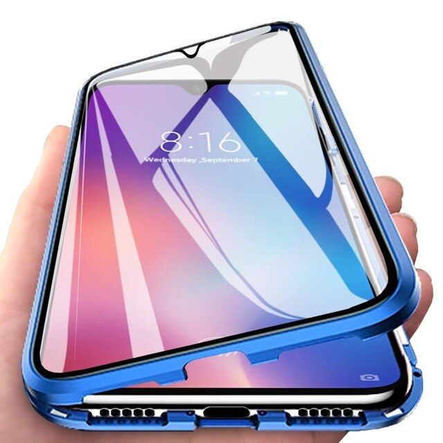 Adsorpcja magnetyczna etui na telefony dla Huawei Y6P Y7P szkło hartowane metalowa obudowa przednia i tylna szkło dla Huawei Y8P Y9S pokrywy skrzynka: For Huawei Y6P / Niebieski