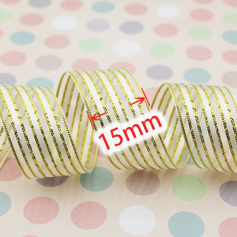 (25 yards/roll) 15mm White gold stripe packaging ribbon wedding shiny ribbons