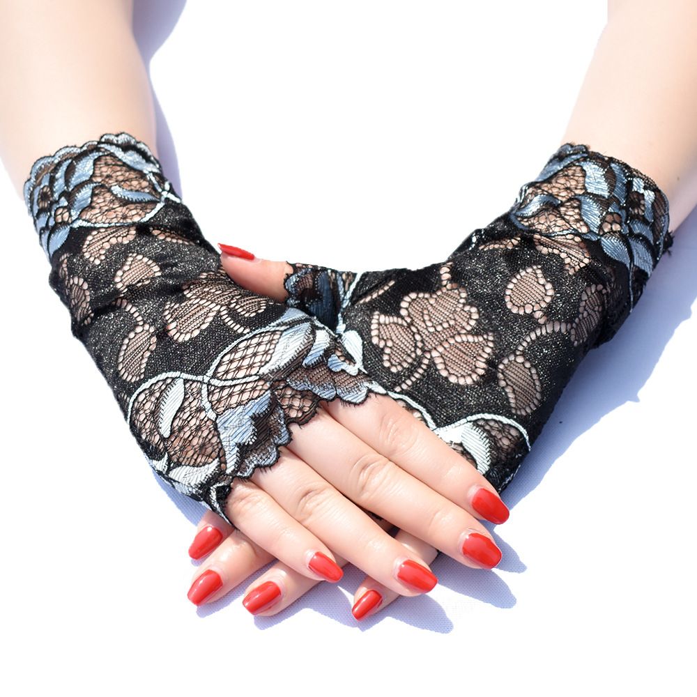 Women Sexy Fingerless Gloves Half Finger Sunscreen Short Lace Gloves Rose Flower Pattern Festival Gloves