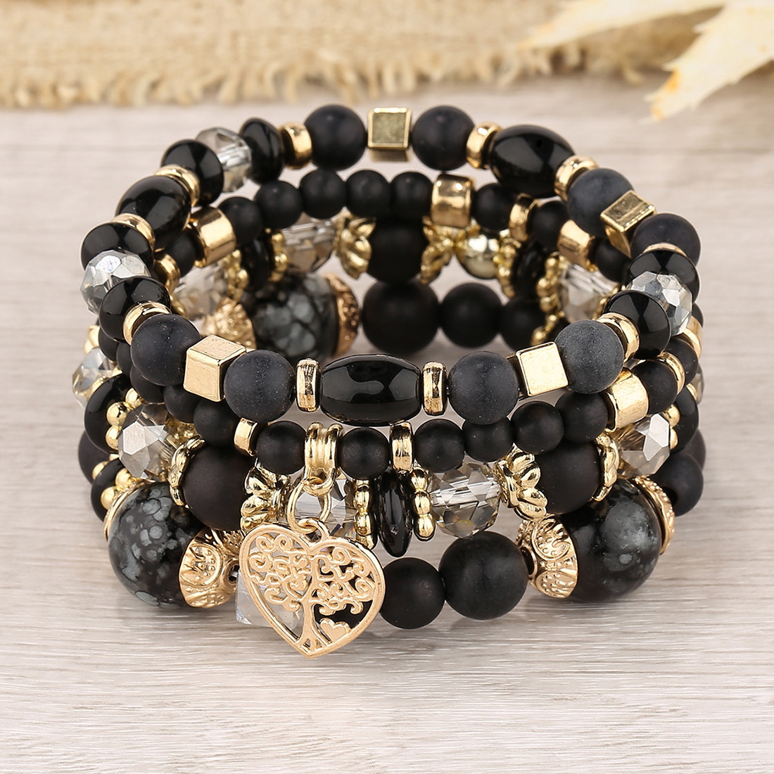 Conjunto de pulsera de corazón de árbol de la vida para mujer, cadena de cuentas de cristal acrílico, brazalete elástico, joyería de de femenina, 4 Uds.: Color amarillo dorado claro