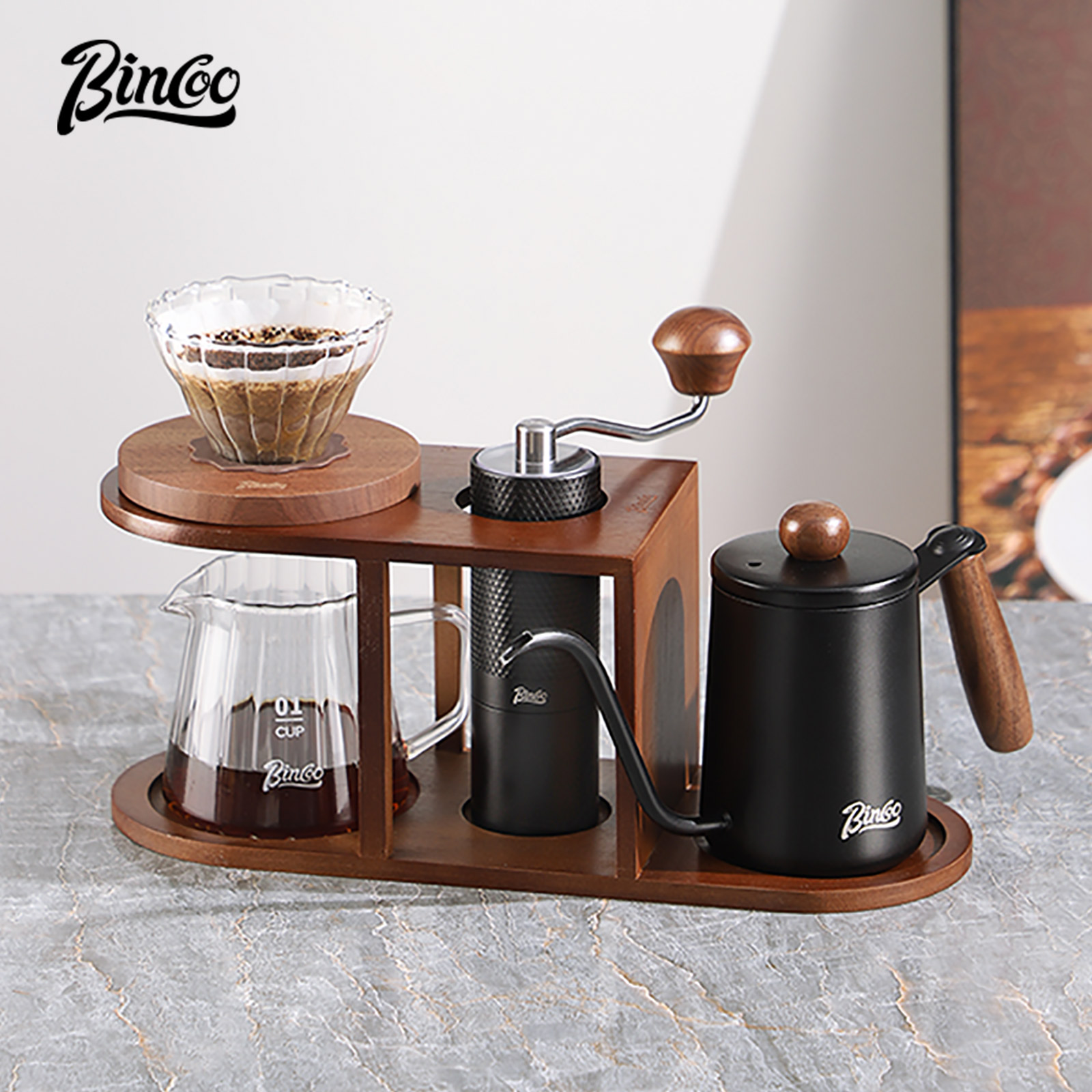 Bincoo rack de armazenamento de moedor de mão de grãos de café, armazenamento doméstico portátil, copo de filtro, suporte especial acessórios de café fabricado à mão