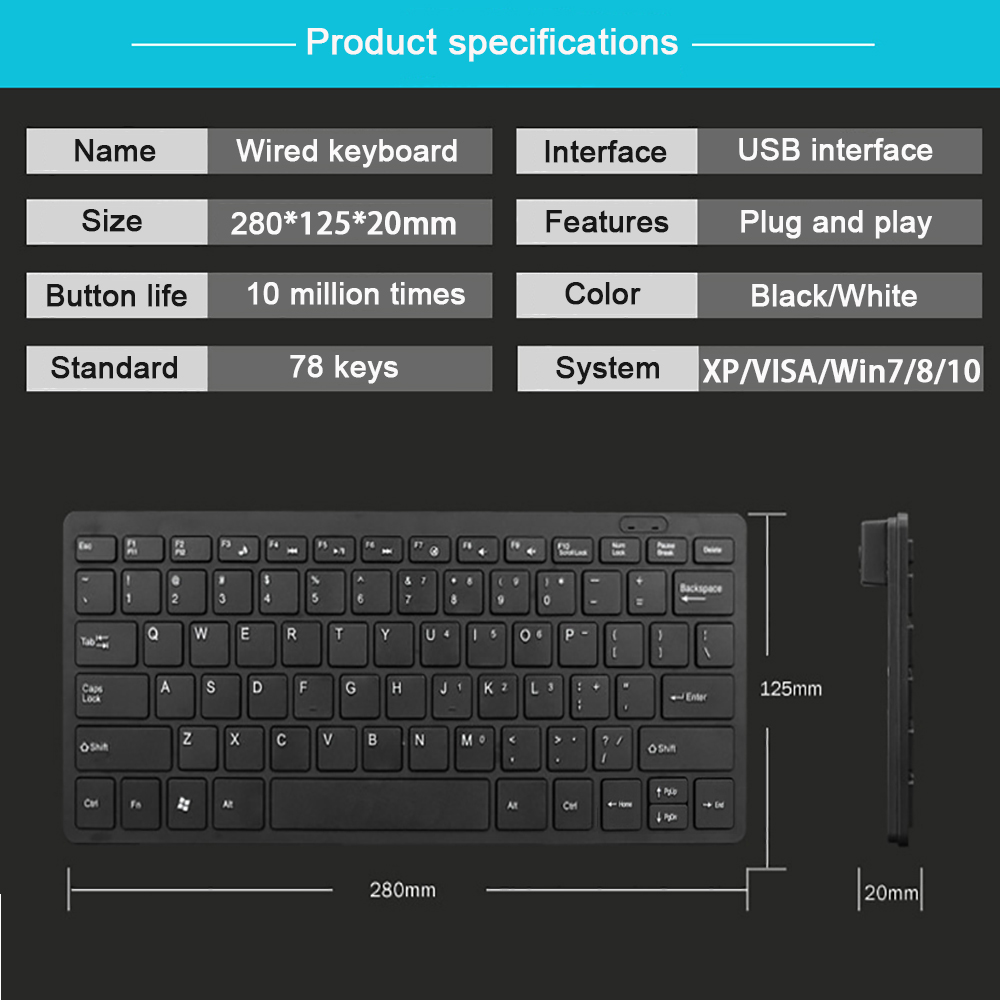 Ultracienka klawiatura przewodowa USB 2.0 Mini Multimedia 78 klawiszy PC Laptop klawiatura do gier z hiszpańską arabską rosyjską hebrajską naklejką