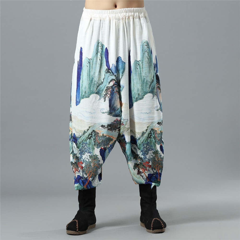 Spring Autumn Nepal Style Cross Pants Traditional Mens Cotton Linen Baggy Pants Big Crotch Extra Loose Bloomers 092601
