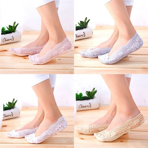 5 Pairs Ladies Slipers Skin Shoe Liners Footsies Invisible Thin Lace Socks Sheer Women Floral Lace Socks