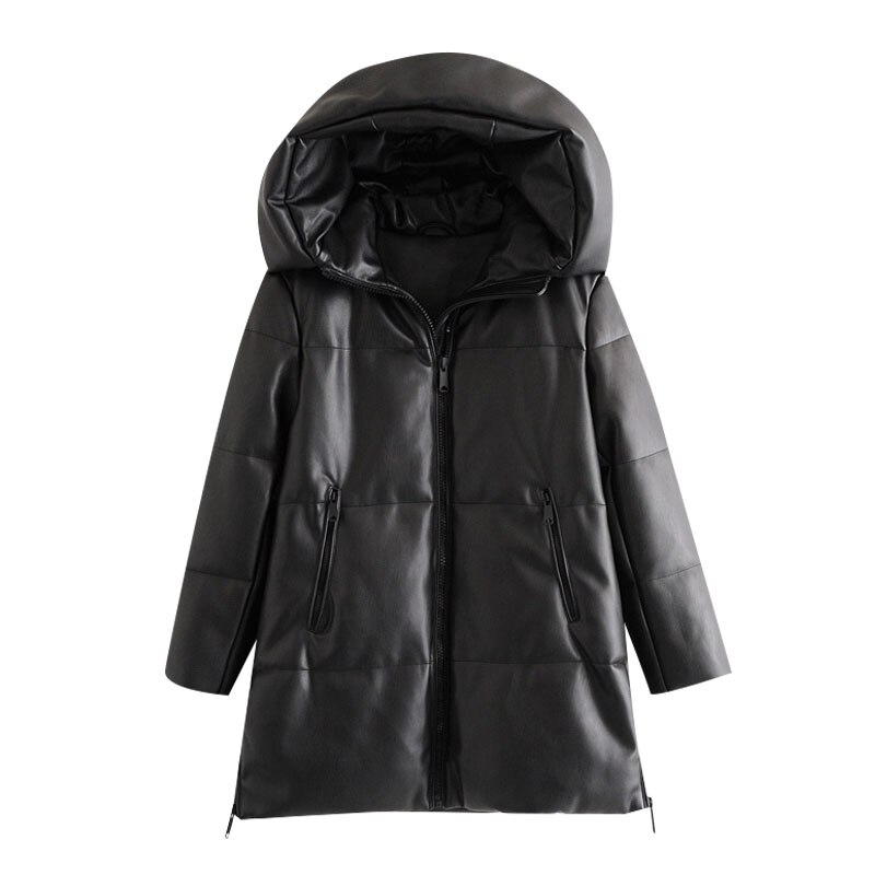 KPYTOMOA Women Thick Warm Winter Faux Leather Parkas Coat Vintage Hooded Long Sleeve Female Outerwear Chic Overcoat: S