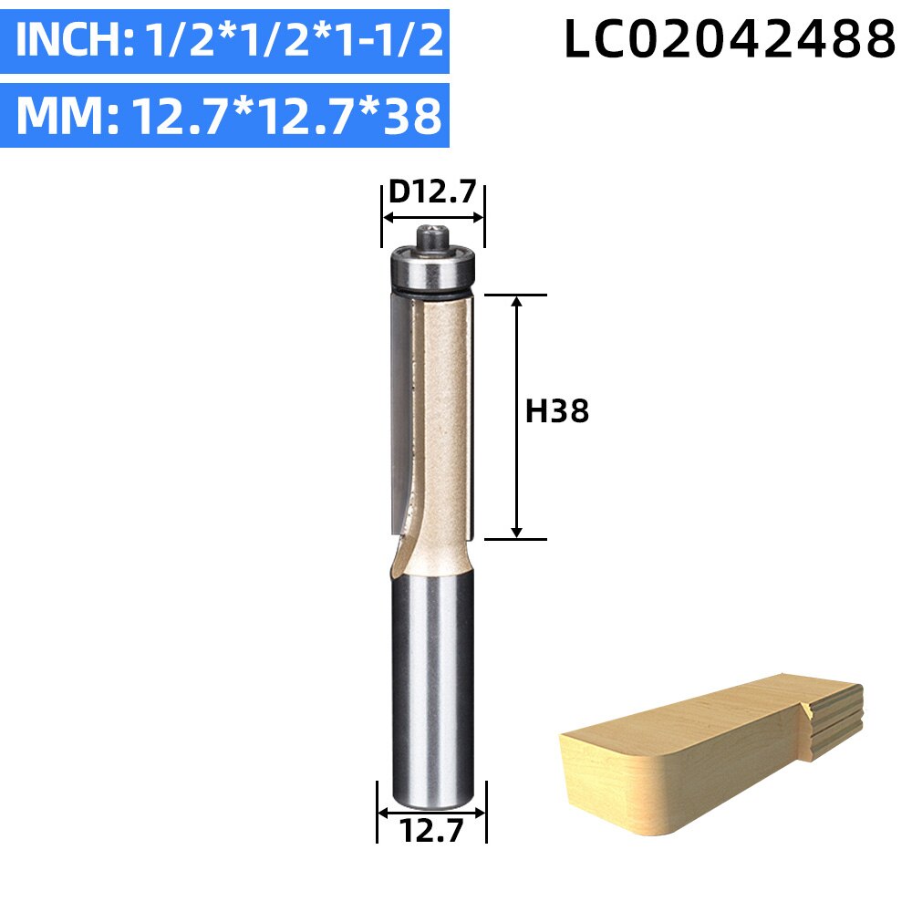 LIDIAO 1pc 1/2 ''1/4'' Schacht Langdurig trimmen beetje met lager Houtbewerking router bit 2 fluit straight bit frees: 12.7x12.7x38 mm