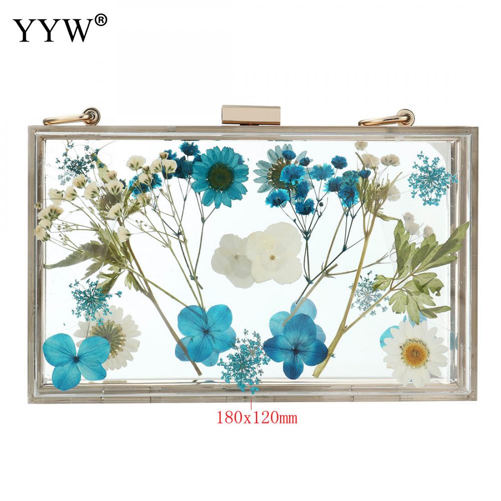 Acrylic Transparent Floral Evening Clutch Wedding Bridal Cute Wallet Women Tote Pack Clear Hard Box Metal Chain Shoulder Bags