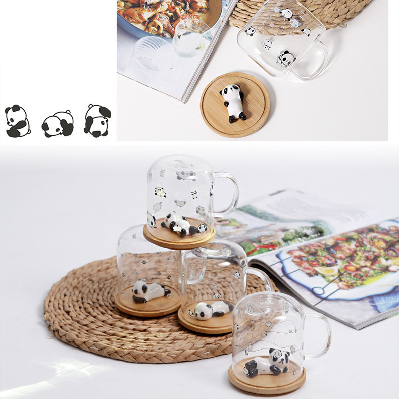 Vaso transparente de Panda travieso con mango de tapa 3D vidrio de dibujos animados resistente a altas temperaturas borosilicato hogar taza de jugo de té