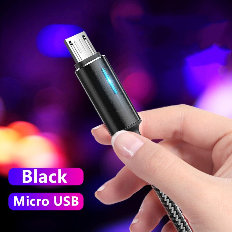 3A Micro USB Cable Breathing ligh Fast Charging For Samsung Galaxy S7 S6 Xiaomi 1.2m/ 2m For Android Micro USB V8 Charger Cables: Black / 2m