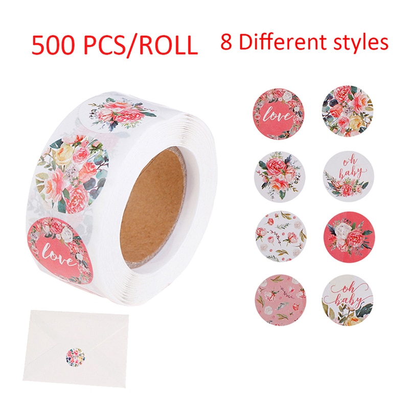 500 Pcs Roze Bloem Stickers Rolls Leuke Stickers Etiketten Voor Box Wedding Party Scrapbooking Enveloppen Seal Stickers