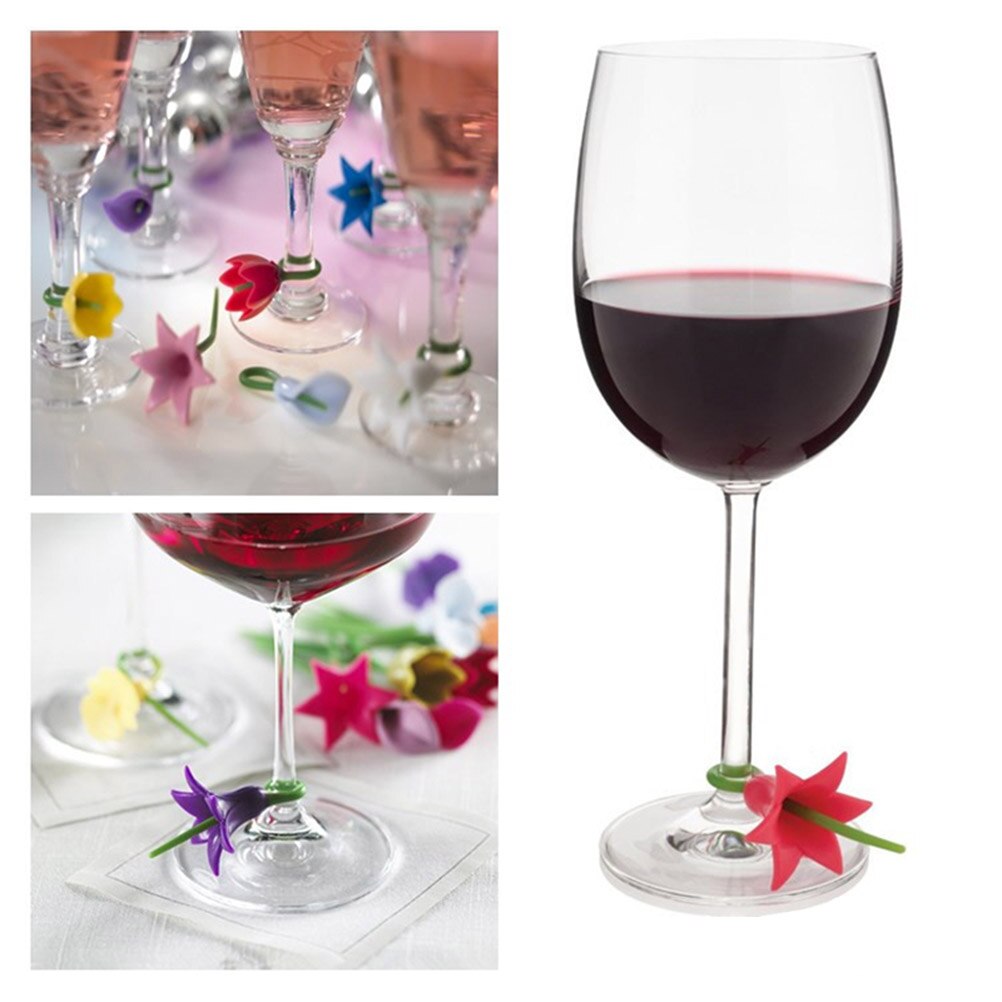 6 Stks/pak Bloemen Wijn Cup Marker Siliconen Label Party Gewijd Glas Cup Herkenner Gereedschap Voor Wijn Glas Keuken Accessoires