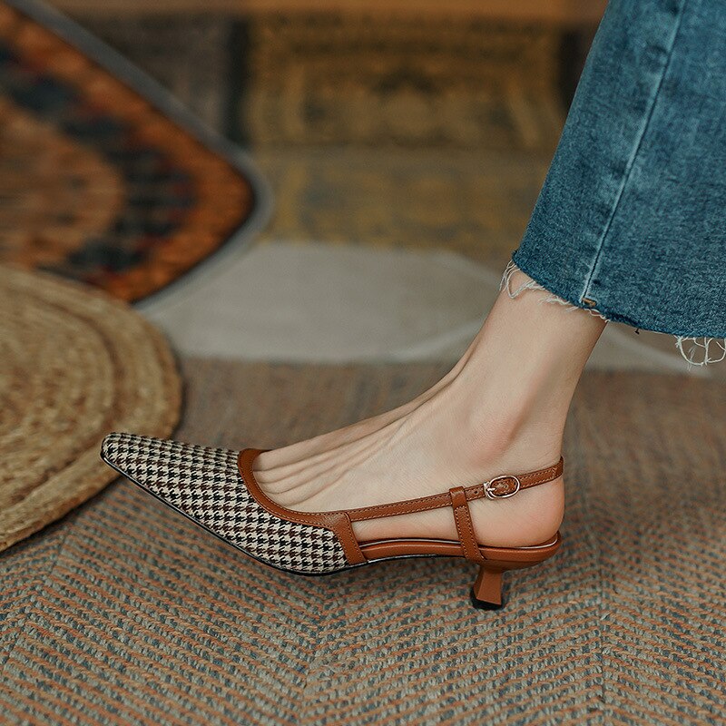 2022 Retro Ladies Stiletto Slingback Pointed Toe Shallow Mouth Single Shoes Plaid Summer Women&#39;s Sandals