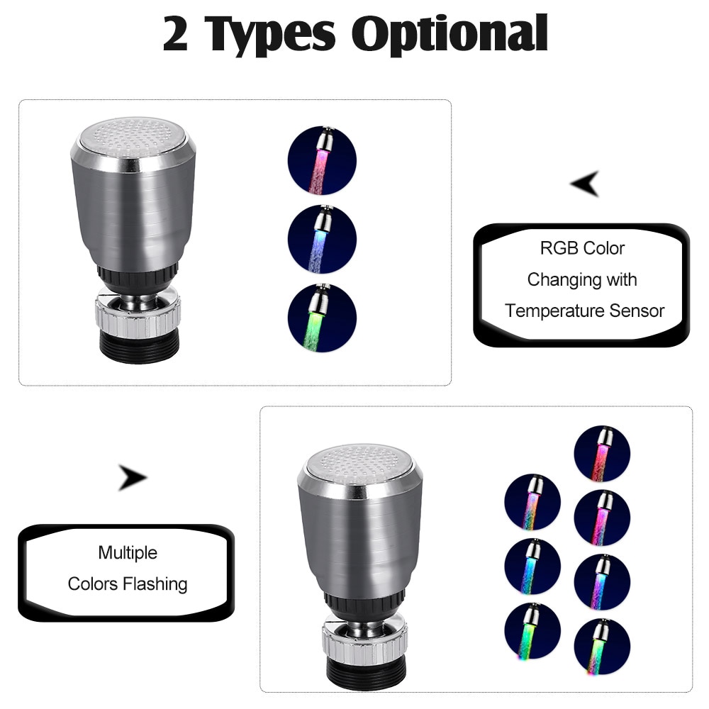 Led vannkran gløde kran munnstykke rgb/flere farger automatisk skiftende vannkran bad kjøkkenkran tuter tilbehør