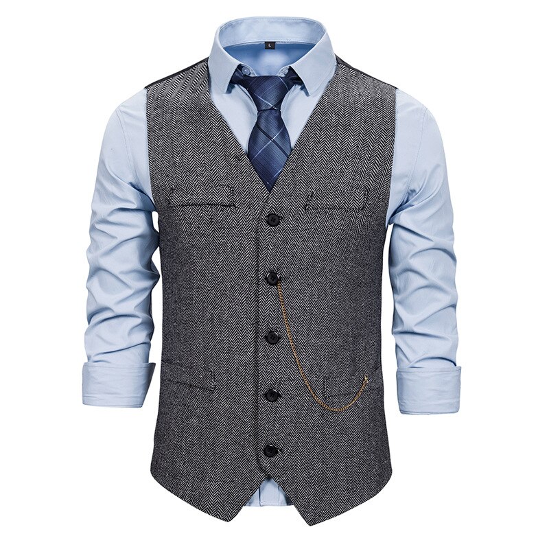 Men's Wool Herringbone Tweed Vest Brand Slim Fit Sleeveless Vest Waistcoat Men Formal Business Wedding Chaleco Hombre