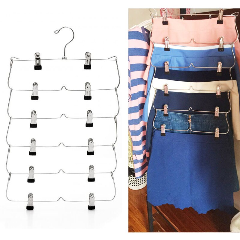 Cintres à 6 niveaux pour jupe et pantalon, avec Clips réglables, gain de place, 12 Clips de stockage pour vêtements, support métallique