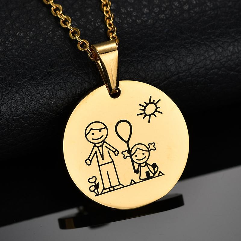 Lovely 316L Stainless Steel Family Necklace & Pendant For Mom Dad Son Daughter Love Cartoon Gold Color Link Chain Necklace