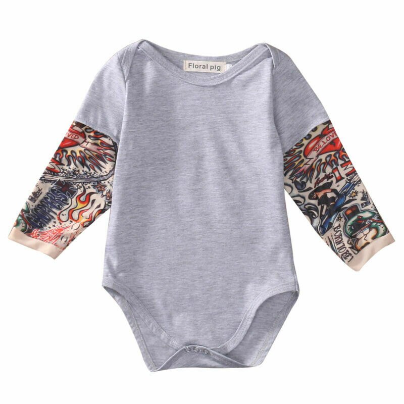 Summer cotton Newborn Baby Boy Bodysuit Clothes Tattoos Print Long Sleeve Bodysuit Jumpsuit Outfits Black Gray: Gray / 6M