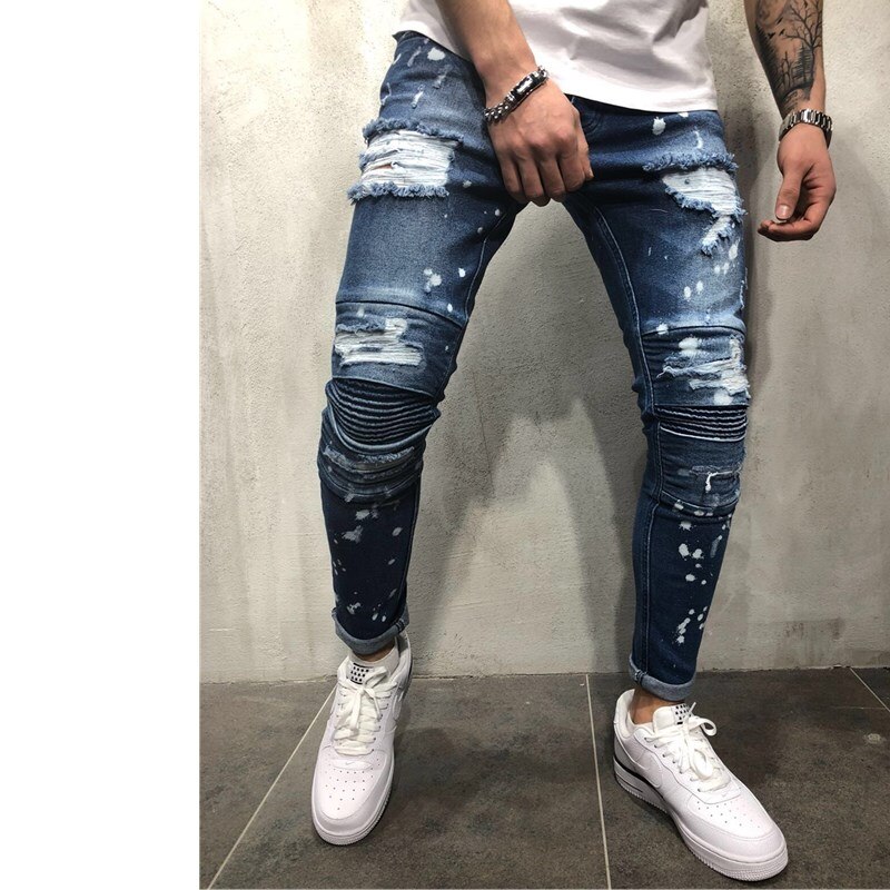 Hommes extensible déchiré maigre Moto & Biker broderie impression Jean trou détruit coupe mince Denim crayon Jean vêtements de travail