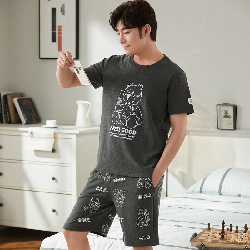 SONG Summer Men's Pure Cotton Pajama Sets Short Sleeve Simple Style Cartoon Handsome Casual Pyjamas Home Wear