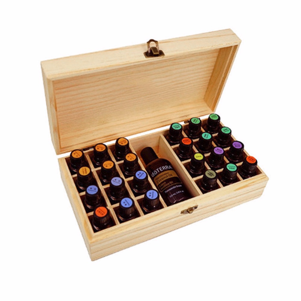 Frascos de aromaterapia de madera maciza con 25 ranuras, soporte para caja de aceites esenciales, organizador de almacenamiento para el hogar, 18,3x18,3x8,3 cm, madera de pino