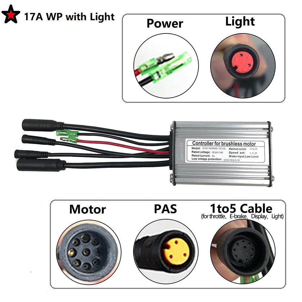 RICETOO-mando para bicicleta eléctrica, controlador de 36V/48V, Squarewave 15A/17A/22A para Ebike, Motor de 250W/350W/500W con enchufe de luz: 17A WP