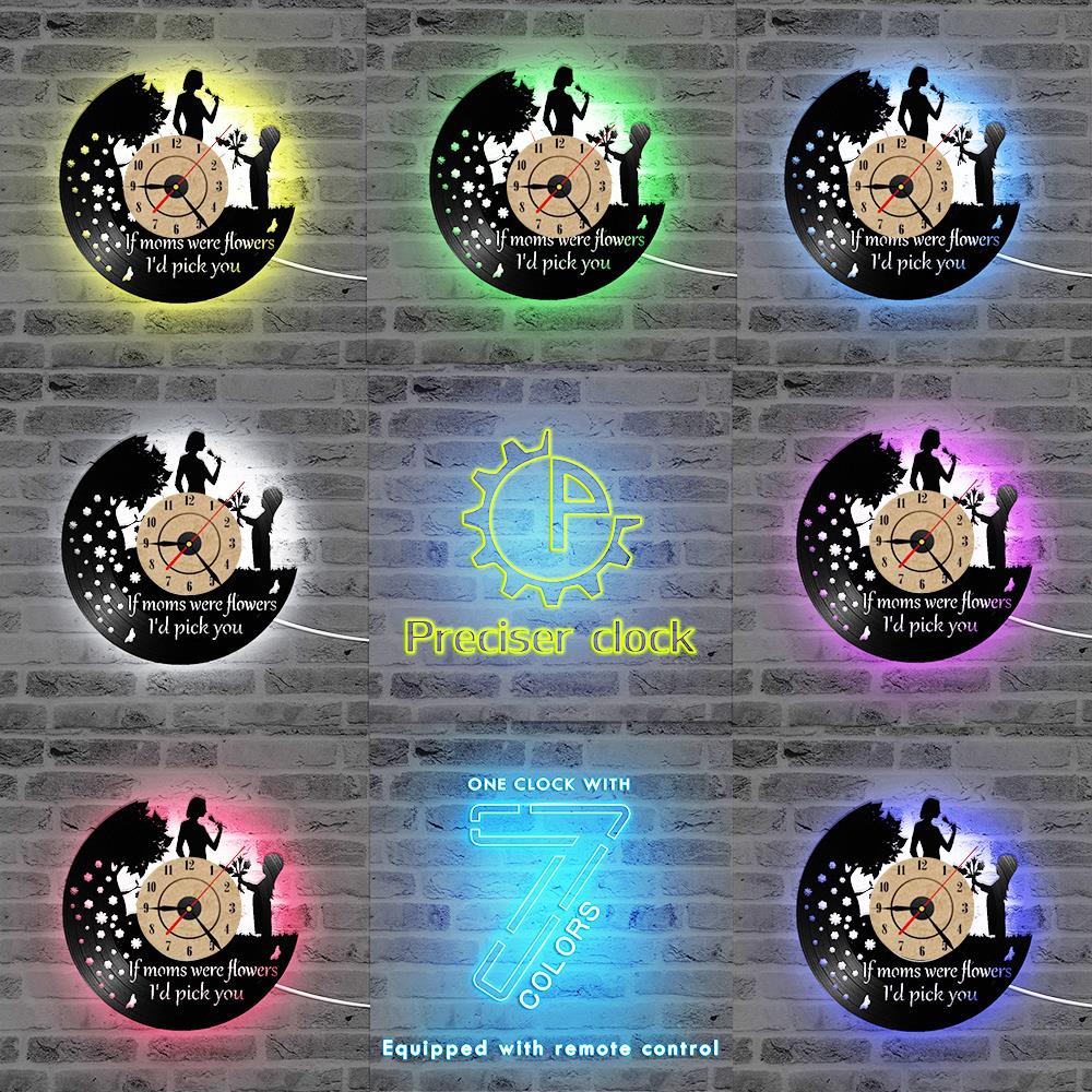 Feliz Día de la madre reloj de disco de vinilo hueco redondo silencioso LED relojes antiguo colgante reloj único para la gran mamá decoración del hogar