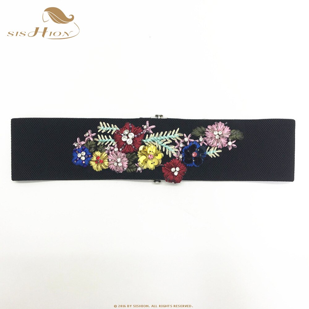 SISHION Embroidered Black Women Belt VD1229 Flower Floral Waist Corset Beautiful Stretch Elastic Waistband Wide: 1