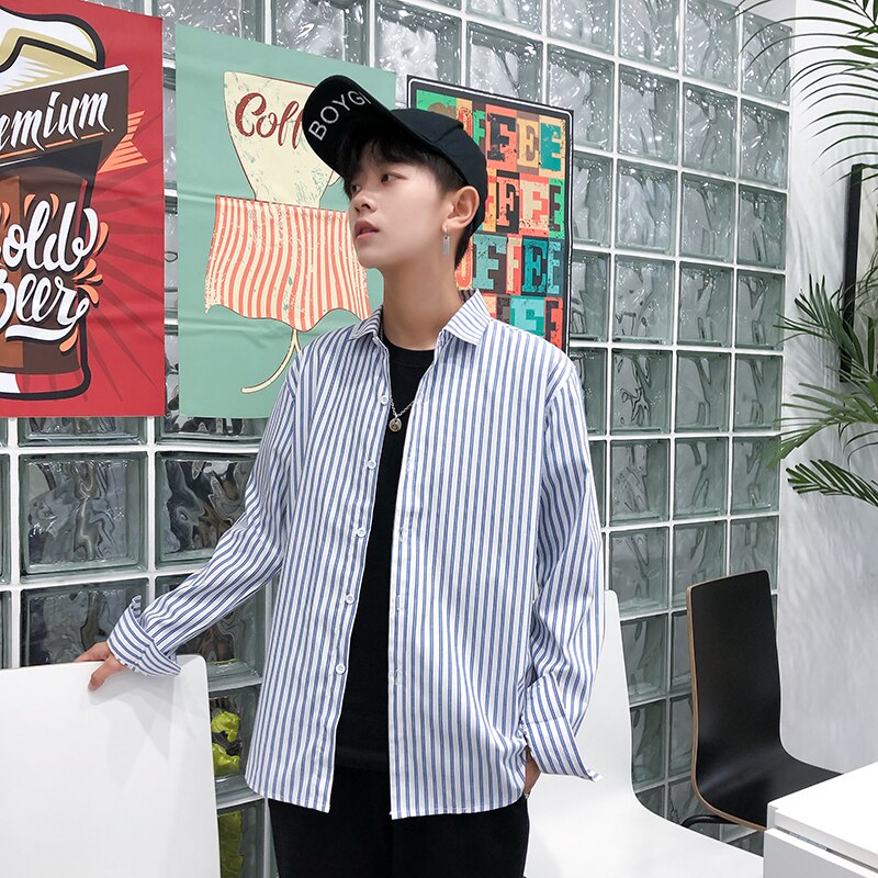 Skjorter herre stribet langærmet skjorte herre casual slim fit turn-down krave komfortabel koreansk stil simpelt mænd ulzzang tøj: Lyseblå / Xxl