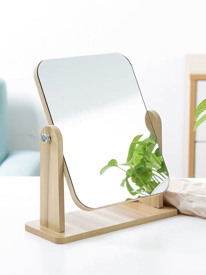 Tafelblad make-upspiegel, 90° verstelbaar, houten make-upspiegel, draagbare verwijderbare ronde kaptafel spiegel, high-definition bureauspiegel (afmetingen: 30 cm, kleur: houten