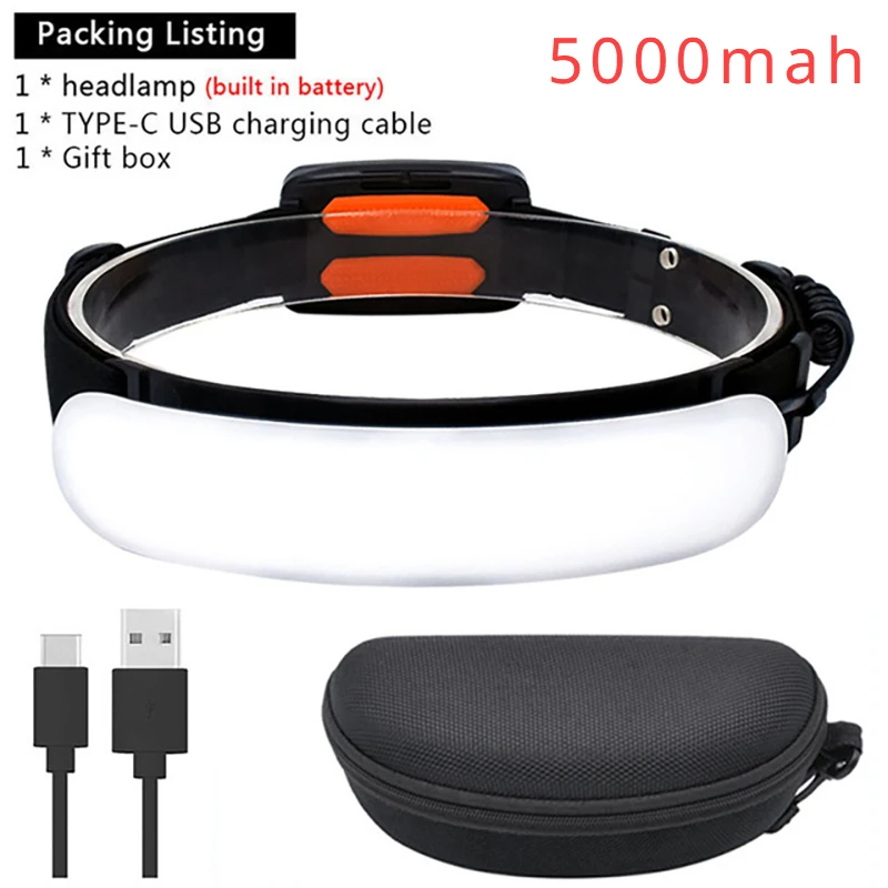 Potente linterna frontal LED COB, linterna frontal recargable por USB con batería integrada de 5000Mah, linterna para acampar y pescar: changeable