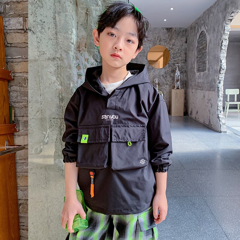 Chaqueta con capucha para niños de 4 a 12 años, abrigo informal virgen grande con bolsillo, Primavera/otoño, nueva: Negro / 4