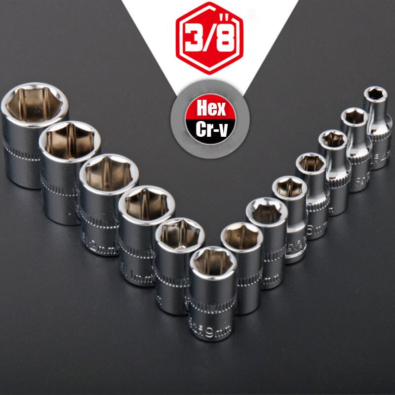 3/8" Drive Hex Socket 6-24mm Cr-v Alloy Steel Metric Wrench Socket Mirror Anti-rust Hexagon Socket Set for Auto Repair Hand Tool