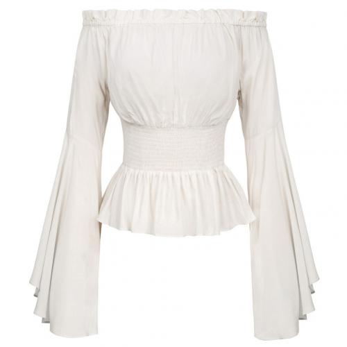 Women Medieval Renaissance Solid Color Bell Sleeve Ruffled Off Shoulder Blouse for Halloween: White S M