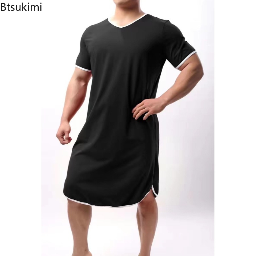 Men's Short-sleeved Lengthened Pajama Robes Loose Skin Friendly Casual Home Clothes Simple Vintage Bathrobe Men Nightgown
