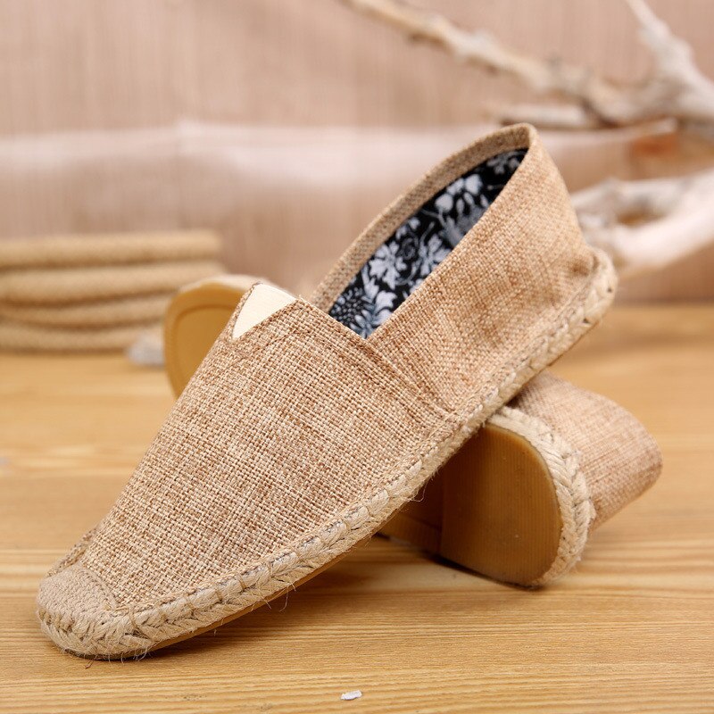 zomer handgemaakte linnen canvas schoenen klassieke ademend slip-op platte met mannen skateboard schoenen tm0009: beige / 11