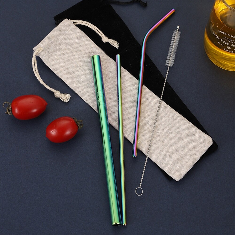 Reusable Drinks Straw Eco Friendly 304 Stainless Steel Metal Straws with Clean Brush Coffee Drinking Tube Set