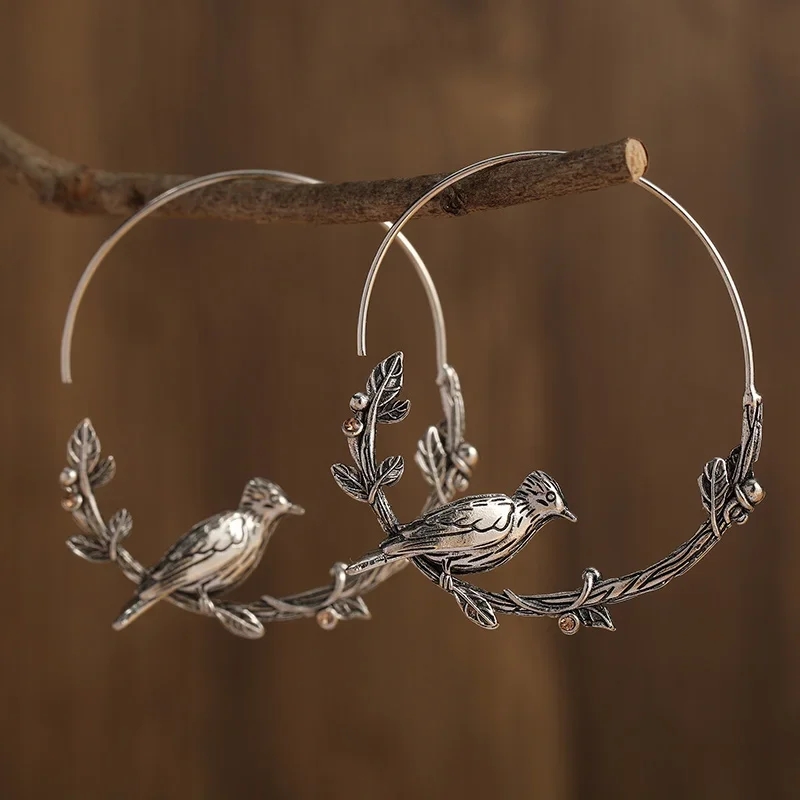 Jahrgang Ebene Vogel Blatt Runde Frauen Ohrringe Silber Farbe Tropfen Ohrringe für Frauen Schmuck: Ursprünglich Titel