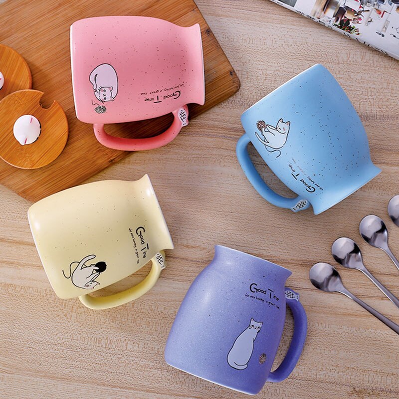 BAISPO-taza de gato con tapa, Taza de cerámica portátil, taza para café o leche, de oficina para niños, taza creativa con cuchara y tapa ecológica