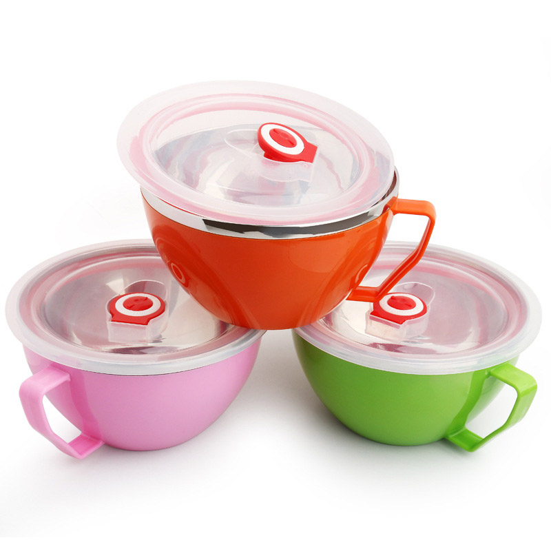 900ml Nudel Schüssel Mit Deckel Griff Edelstahl Kunststoff Dicht Lebensmittel Container Reis Suppe Schalen AI88