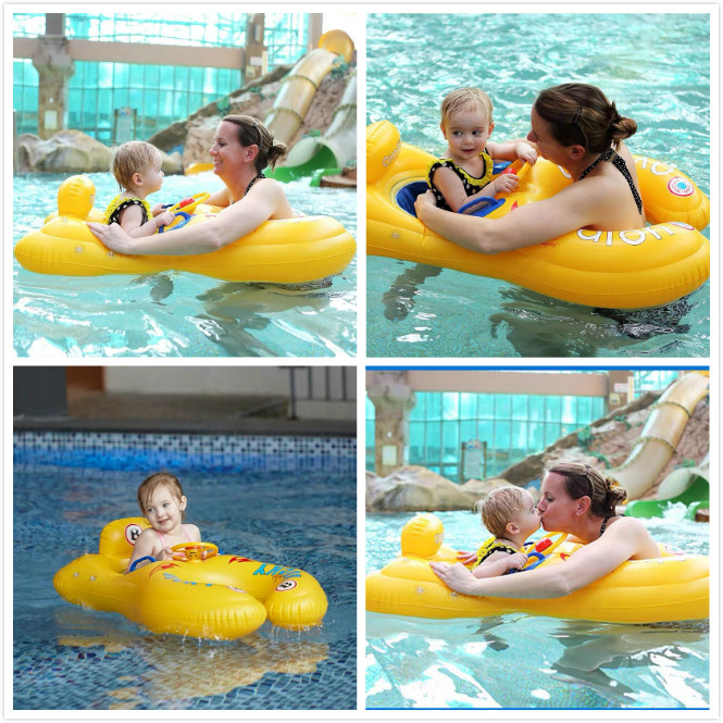 Inflatable Baby Swimming Ring Mommy Baby Parent-Child Double Person Float Seat Swimming Boat with Removeable Sun Canopy