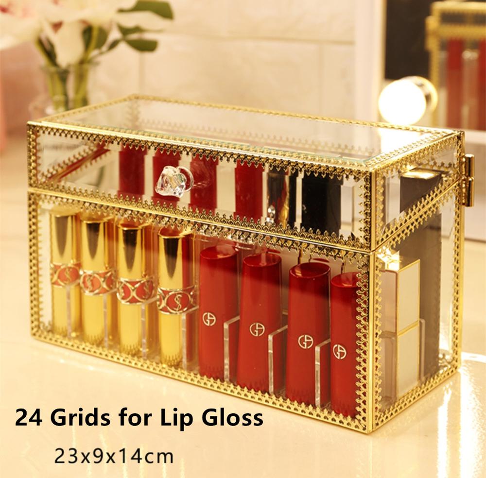 Retro kopparkant glas läppstiftslåda kosmetiska smycken förvaringslåda genomskinligt guld brons sminkorganisator badrumsställ: 24 rutnät högre