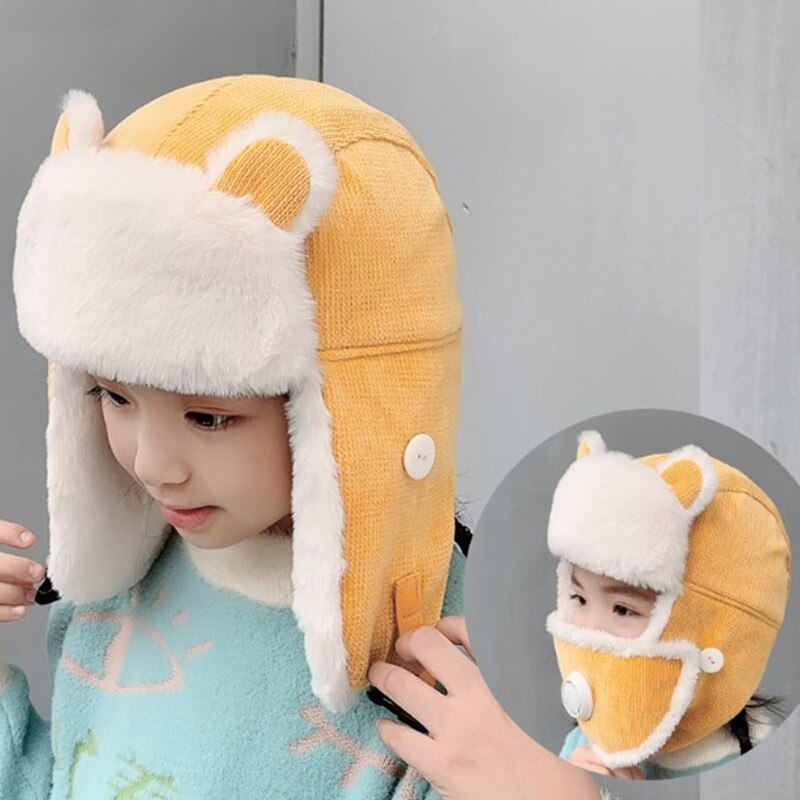 Plus Fleece Bomber Cap Child Winter Keep Warm Girl Cute Cartoon Boy Windproof Ear Protection Face Mask Gorra