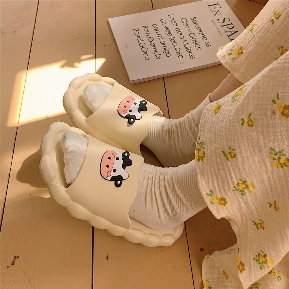 Leuke Catroon Wit Koe Slippers Slides Antislip Eva Thuis Indoor Badkamer Slippers Dikke Zolen Zomer Strand Samdals Schoenen Vrouwen