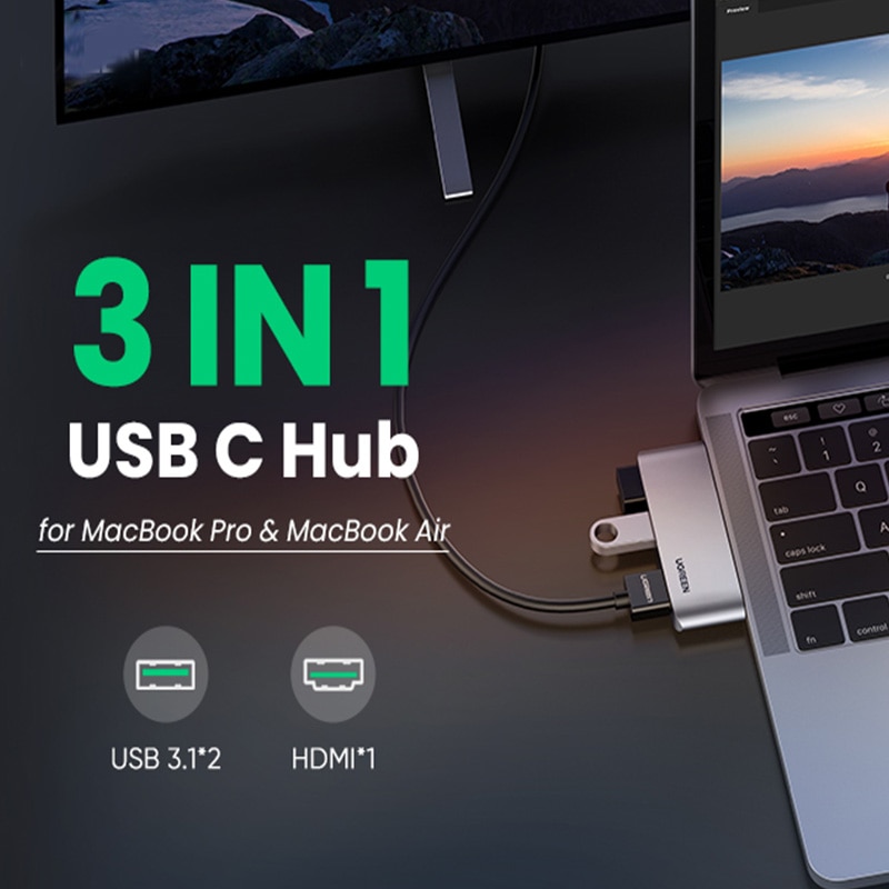UGREEN HUB USB C Ultra Mini USB Type C HUB HDMI 4K USB 3.1 10gbps USB HUB Pour Macbook Pro Air - Sans câble USB HUB