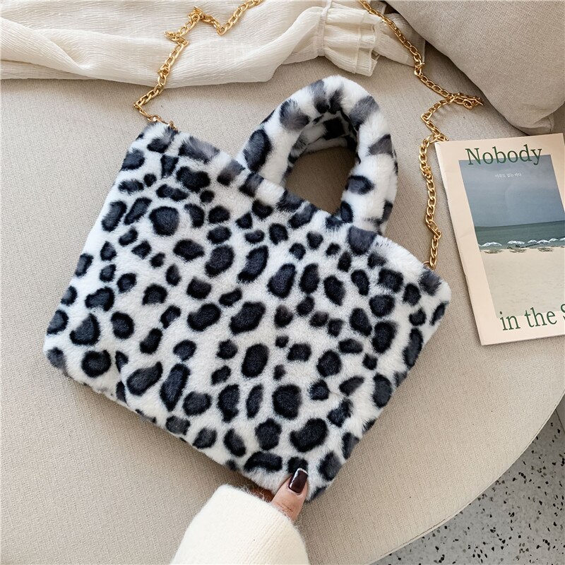 Inverno nova moda bolsa de ombro feminina leopardo bolsa feminina corrente grande pelúcia inverno bolsa mensageiro saco macio quente saco de pele: B