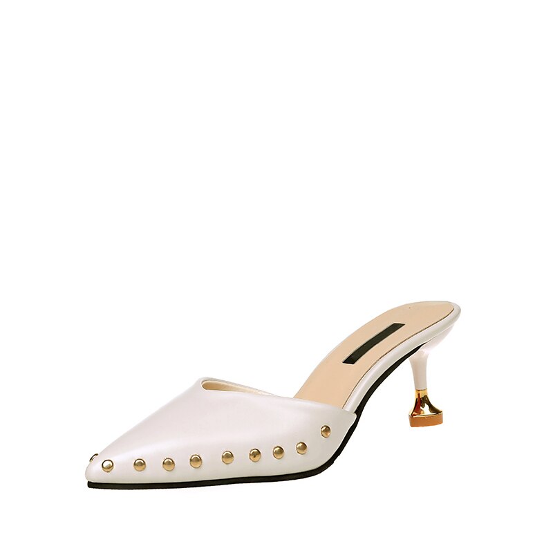 Vrouwen Zomer Muilezels Slippers Hoge Hakken Dames Klinknagels Puntschoen Strange Stijl Vrouwelijke Buiten Schoenen Voor Meisjes: Beige White / 8.5