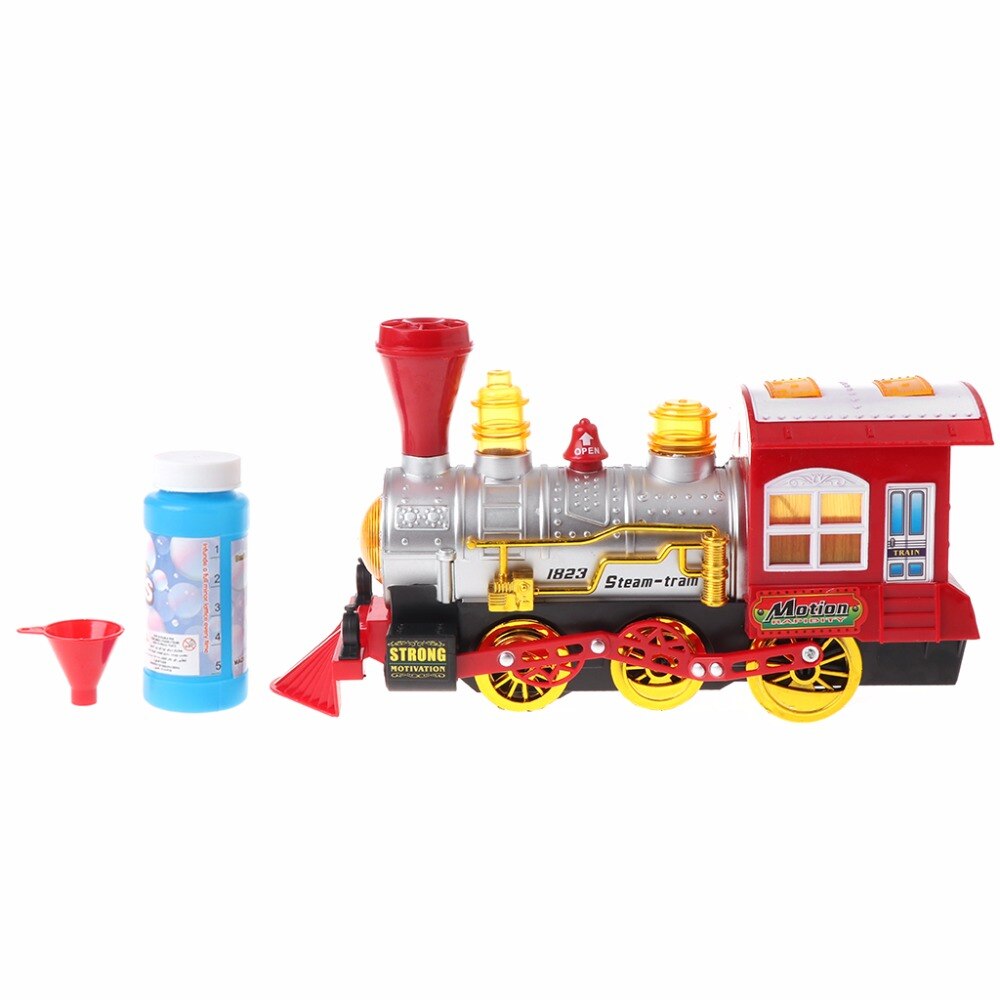 Leuke Trein Elektrische Bubble Toy Batterij Aangedreven Locomotief Motor Met Licht Muziek Plastic Rode Auto