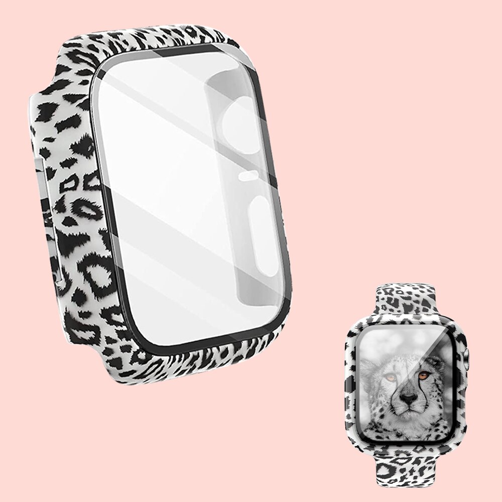 Funda + cristal para Apple Watch 44mm 40mm 38mm 42mm, cubierta protectora de leopardo de para parachoques de PC duro para iWatch SE 6 5 4 3 2 1