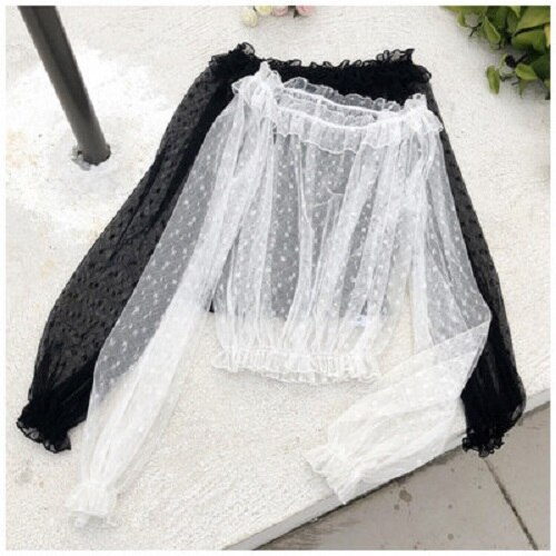 Blanco negro Top Lolita mujeres encaje de volantes Base de malla camisa de manga larga de las niñas traje de Kawaii japonés estilo ropa femenina: White