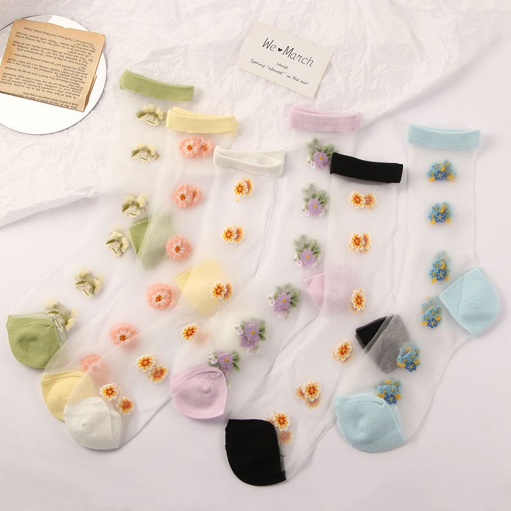 Ventilerande bomull sommar söt söt blomma strumpor nylon genomskinliga strumpor glas siden strumpor